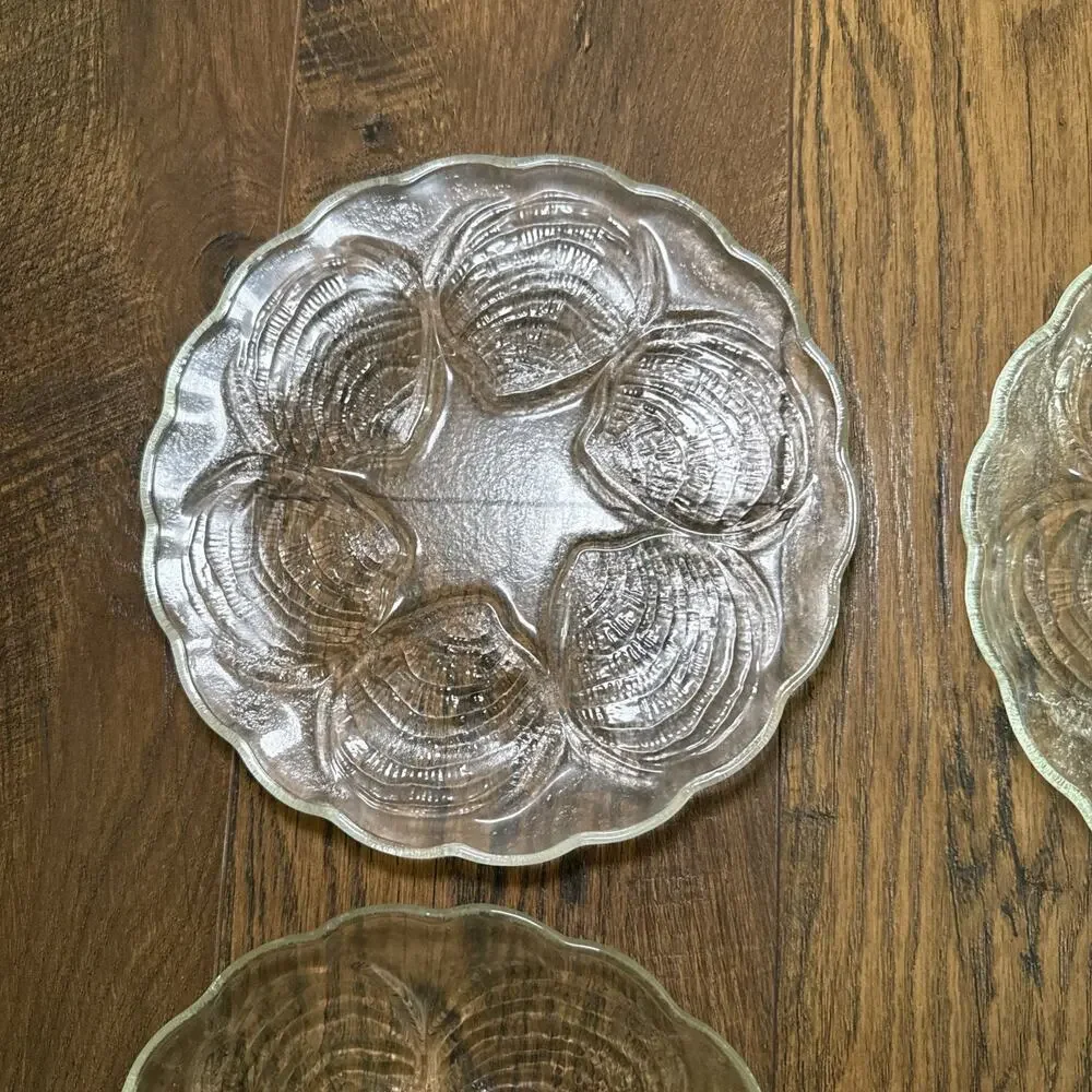 Toscany Clear Glass Oyster Decorative Plate 8” Half Dozen Oyster Motif Set 4 Vtg